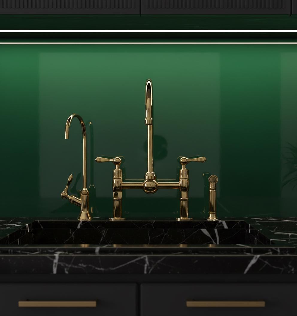 Unlacquered Brass Bridge Faucet Set – Handmade Solid Brass Kitchen Mixer with Filter Tap and Sprayer for Farmhouse Sinks