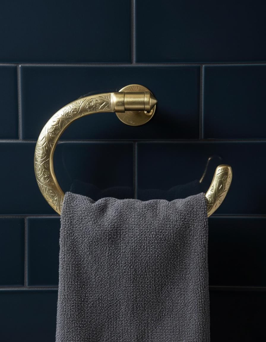 Hand-Engraved Unlacquered Brass Towel Ring – Wall Mount Bathroom Holder