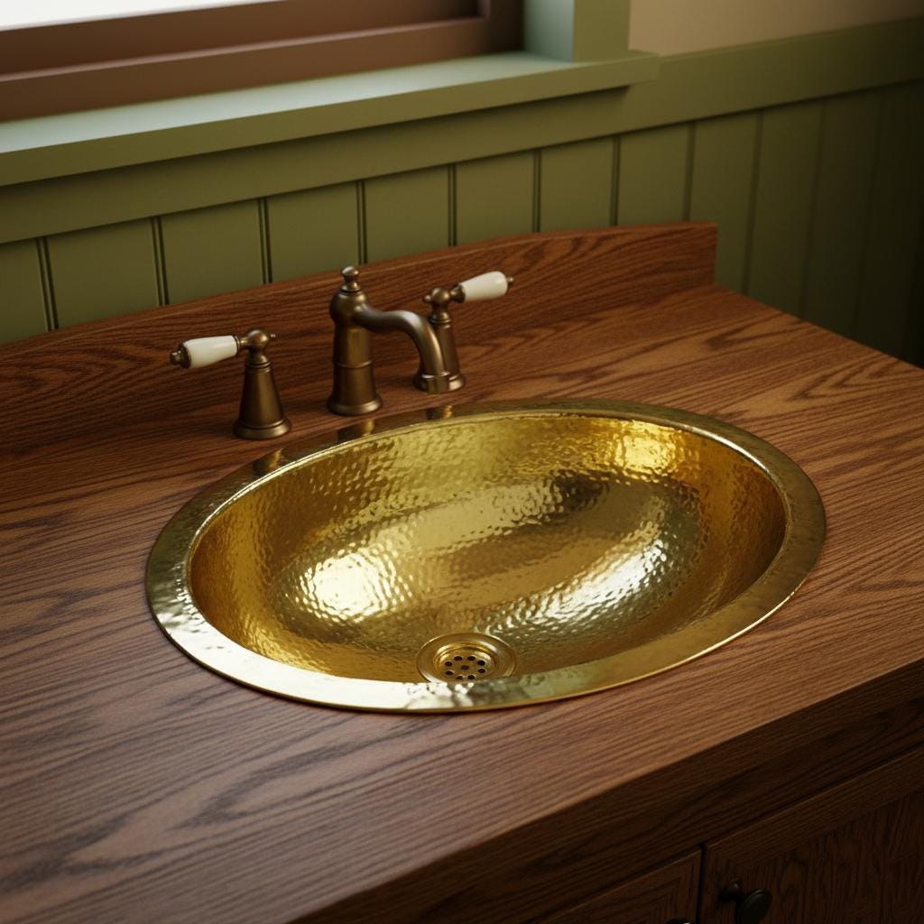 Handmade Oval Brass Bathroom Basin – Hammered Brass Vanity Wash Bowl, Countertop Brass Sink for Bathroom or Powder Room