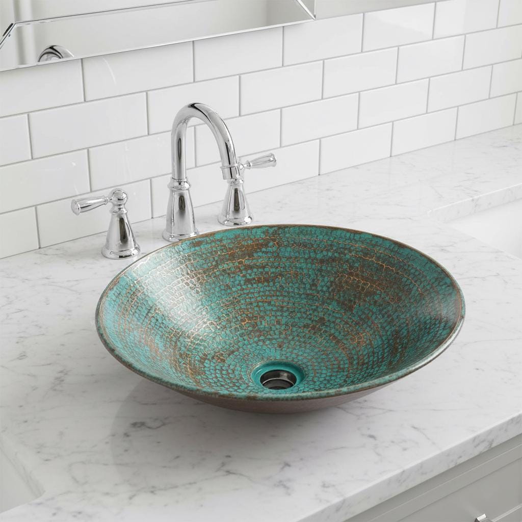 Handmade Round Copper Vessel Sink with Turquoise Patina Finish for Luxury Bathroom Vanity
