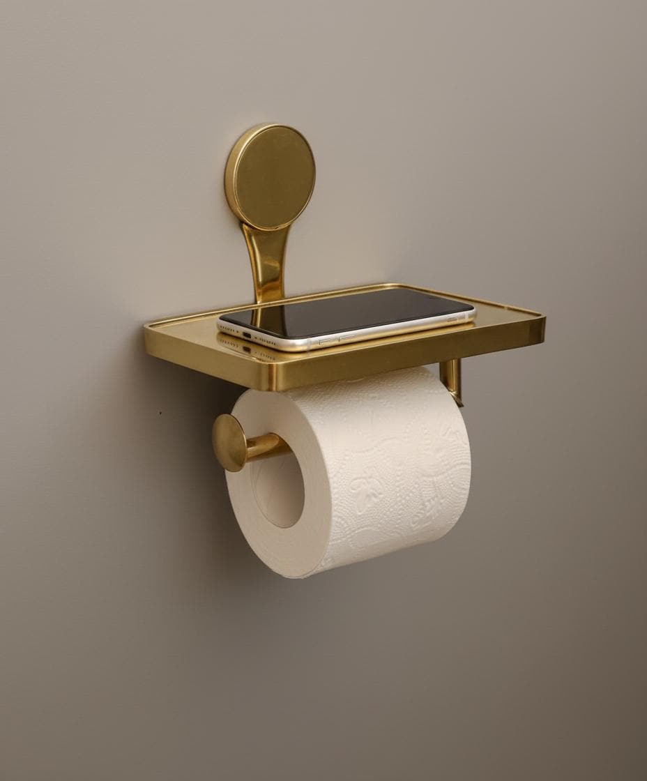 Gold wall-mounted holder with a smartphone and toilet paper roll on a beige background