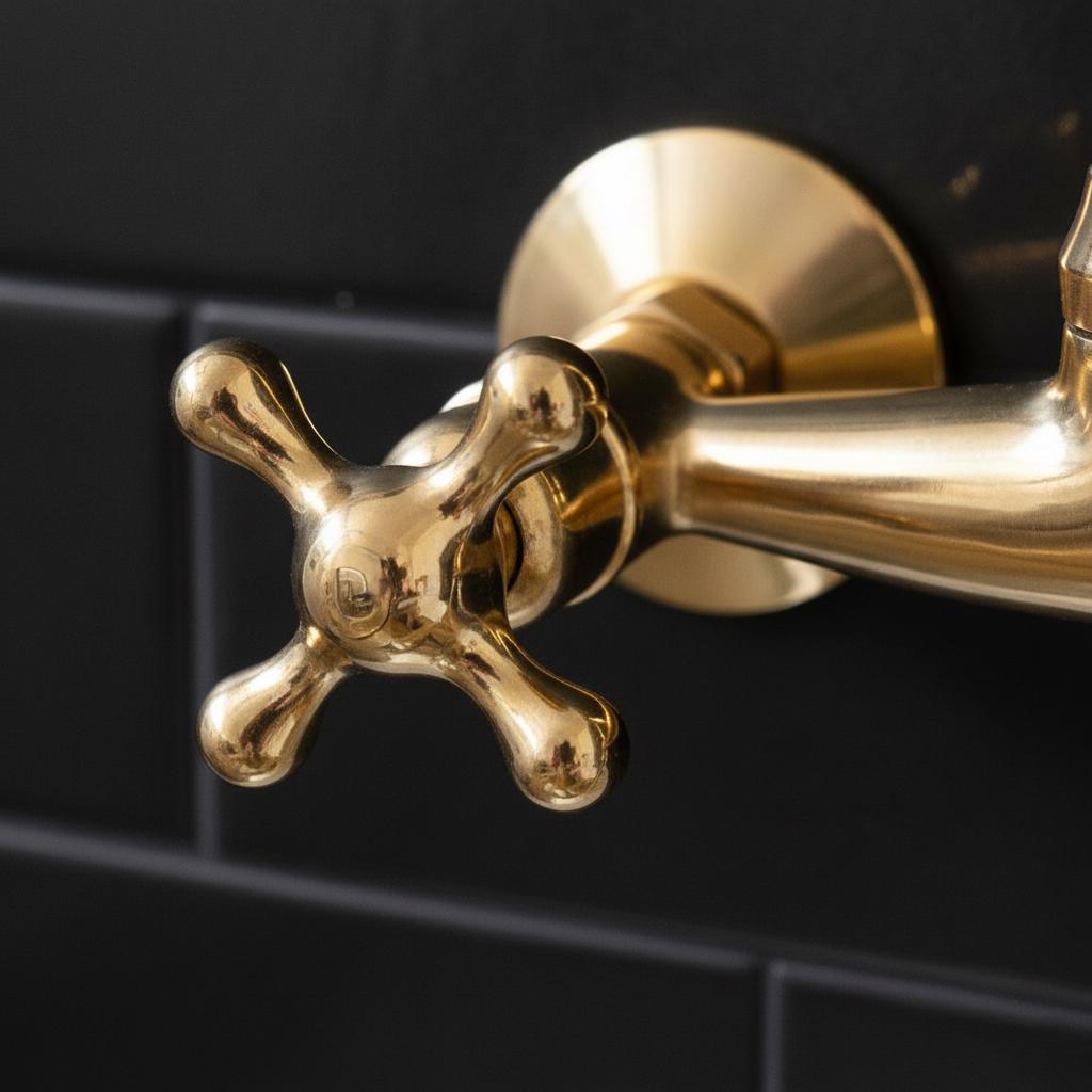 Unlacquered Brass Wall Mount Faucet – Handmade Solid Brass Bar or Bathroom Sink Tap with Cross Handles
