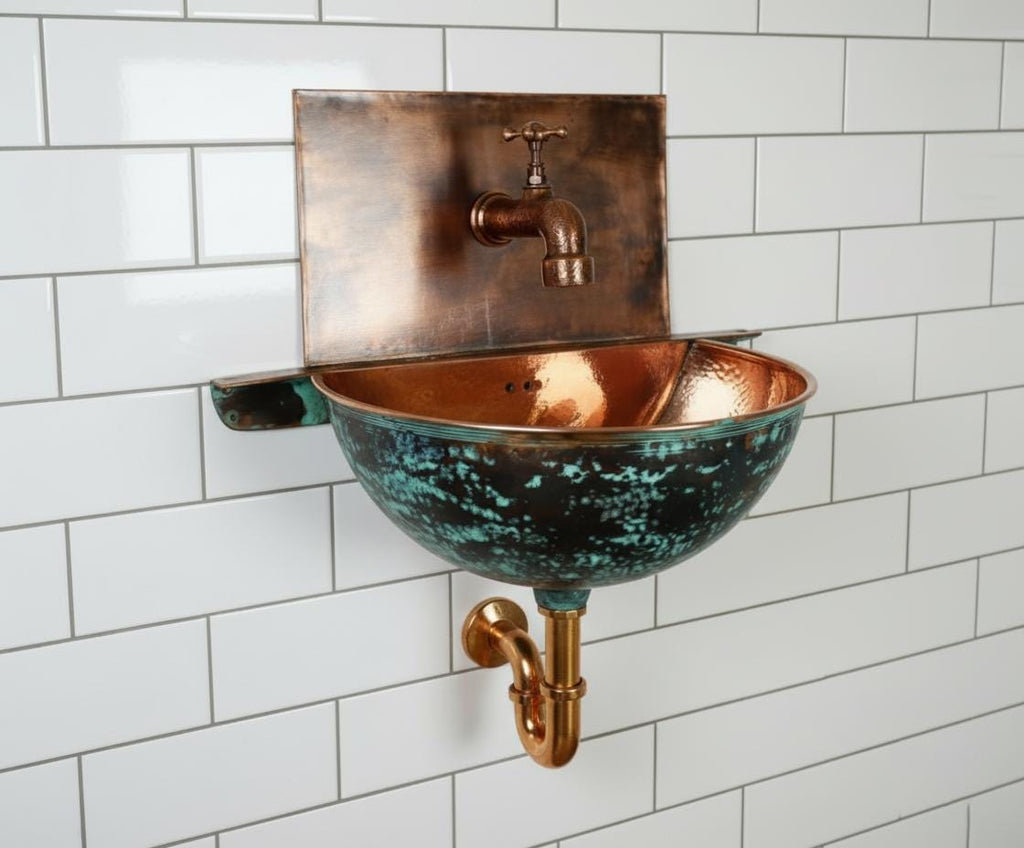 Handcrafted Turquoise Patina Copper Wall Mount Sink with Hammered Interior for Unique Luxury Bathrooms