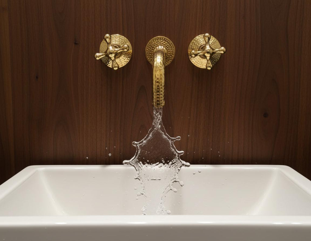 Unlacquered Solid Brass Hammered Wall Mount Faucet – Handmade Cross Handle Bathroom Mixer