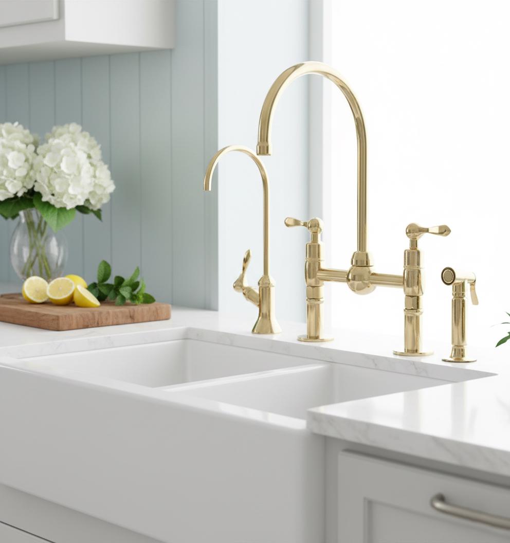 Unlacquered Brass Bridge Faucet Set – Handmade Solid Brass Kitchen Mixer with Filter Tap and Sprayer for Farmhouse Sinks