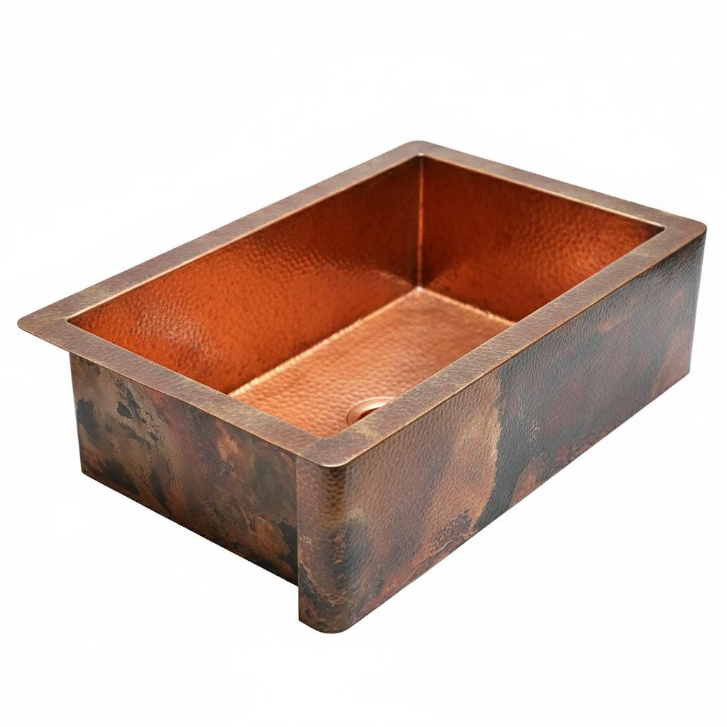 Handmade Fire Patina Hammered Copper Farmhouse Apron Front Sink for Modern Rustic Kitchen Designs