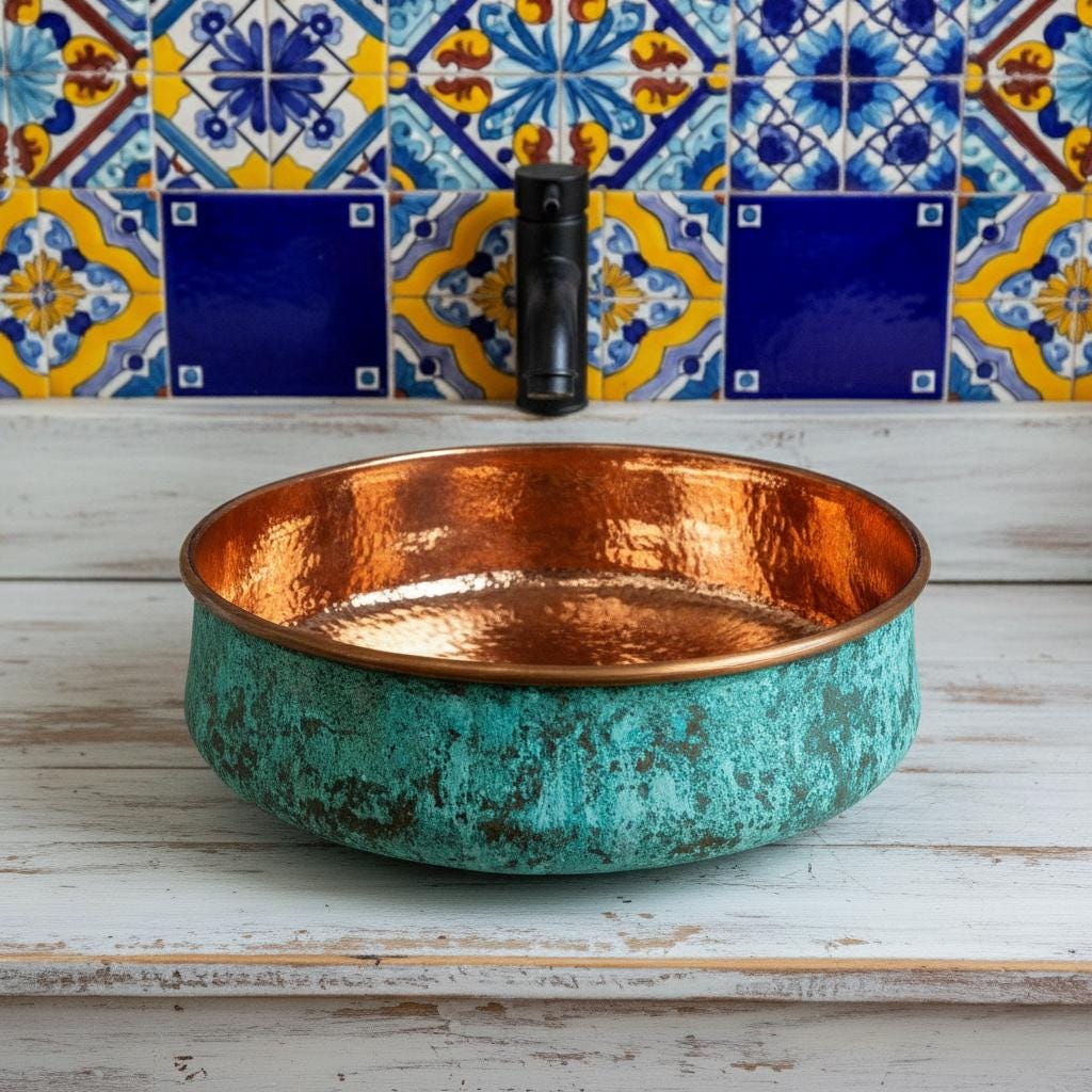 Handmade Turquoise Patina Copper Vessel Sink with Polished Interior for Luxury Bathroom Designs