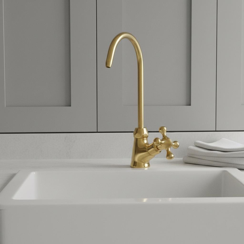 Gold kitchen faucet on a white sink with gray cabinets in the background
