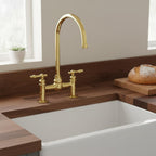 Polished Solid Brass Bridge Faucet, Handmade Kitchen Mixer Tap with Gooseneck Spout for Farmhouse Sinks