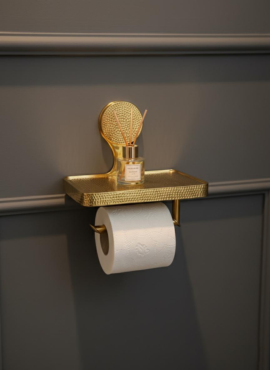 Hammered Brass Toilet Paper Holder with Shelf – Unlacquered Solid Brass Bathroom Fixture
