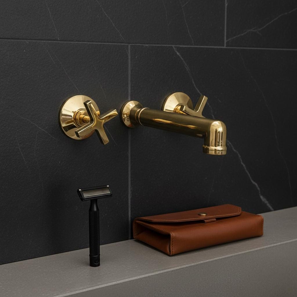 Unlacquered Solid Brass Wall Mount Faucet – Modern Cross Handle Bathroom or Vanity Sink Tap