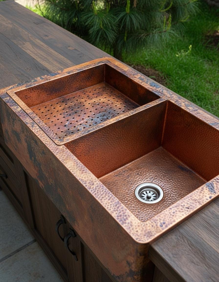 Copper Farmhouse Kitchen Sink – Double Basin Apron Front Workstation with Hammered Texture