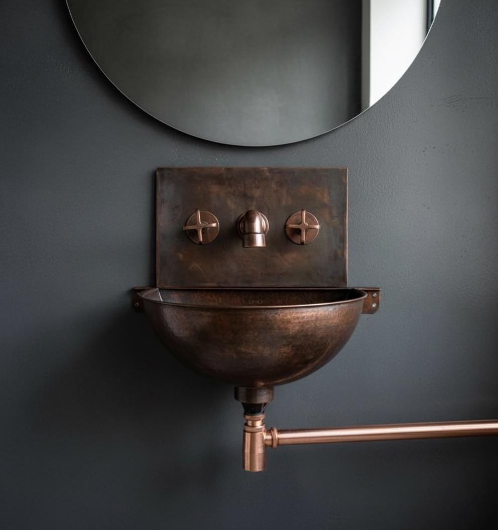 Handmade Aged Copper Wall Mount Sink with Matching Faucet for Rustic Vintage Bathroom Designs
