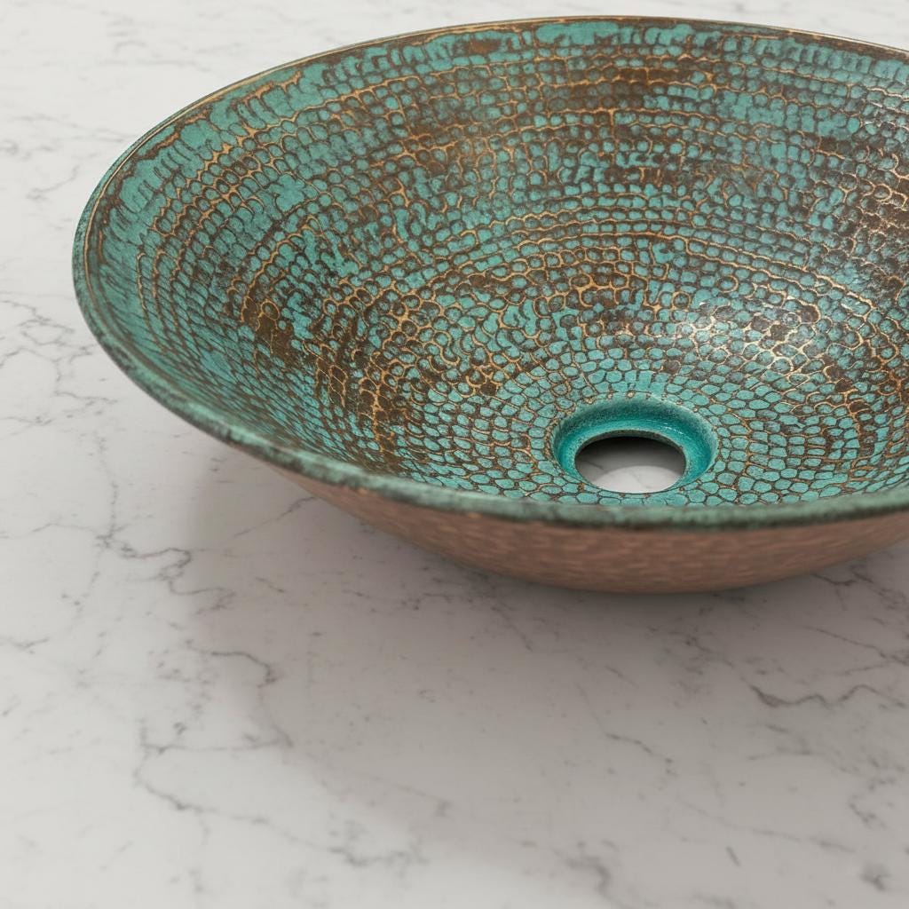 Handmade Round Copper Vessel Sink with Turquoise Patina Finish for Luxury Bathroom Vanity