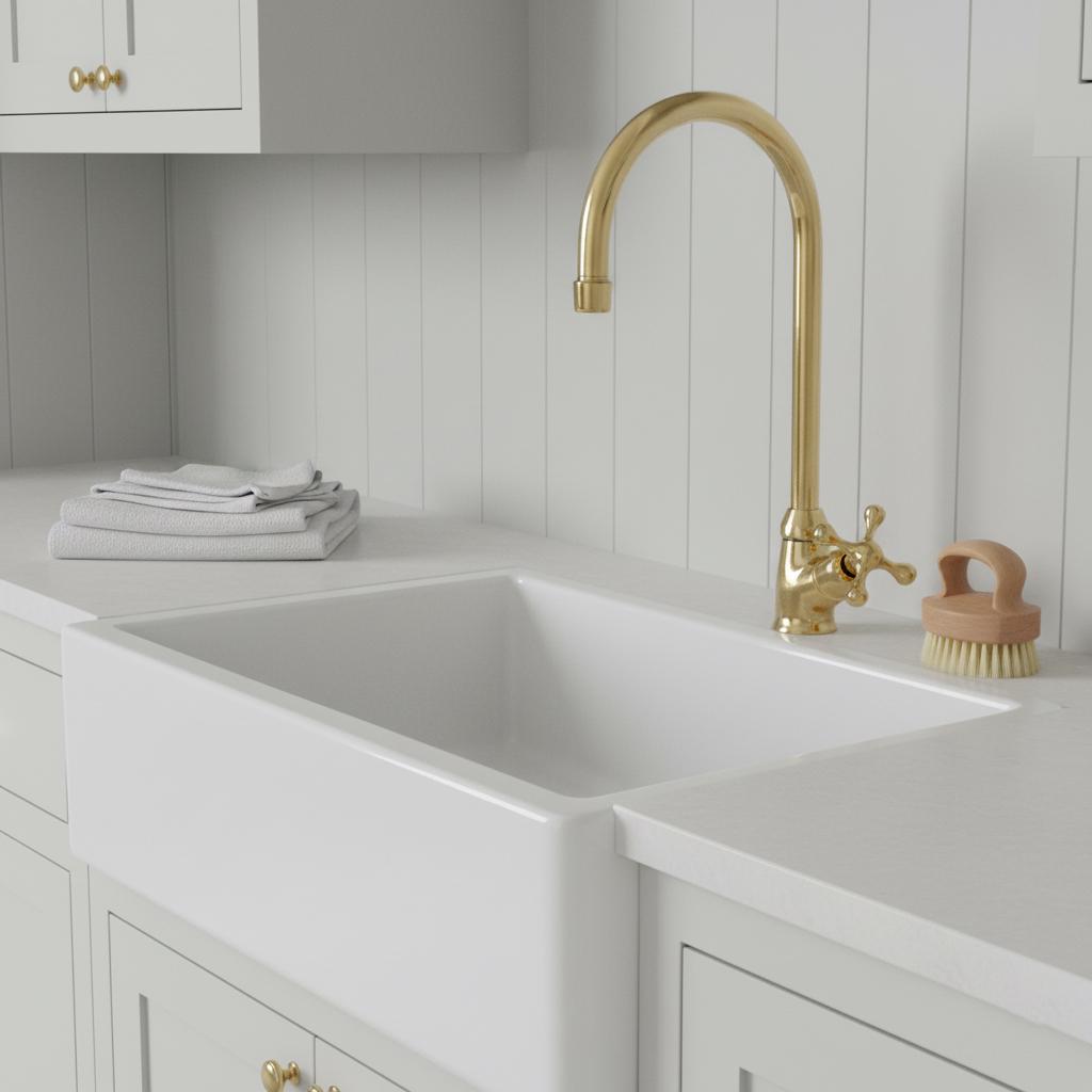 Kitchen sink with gold faucet and cleaning brush on white countertop