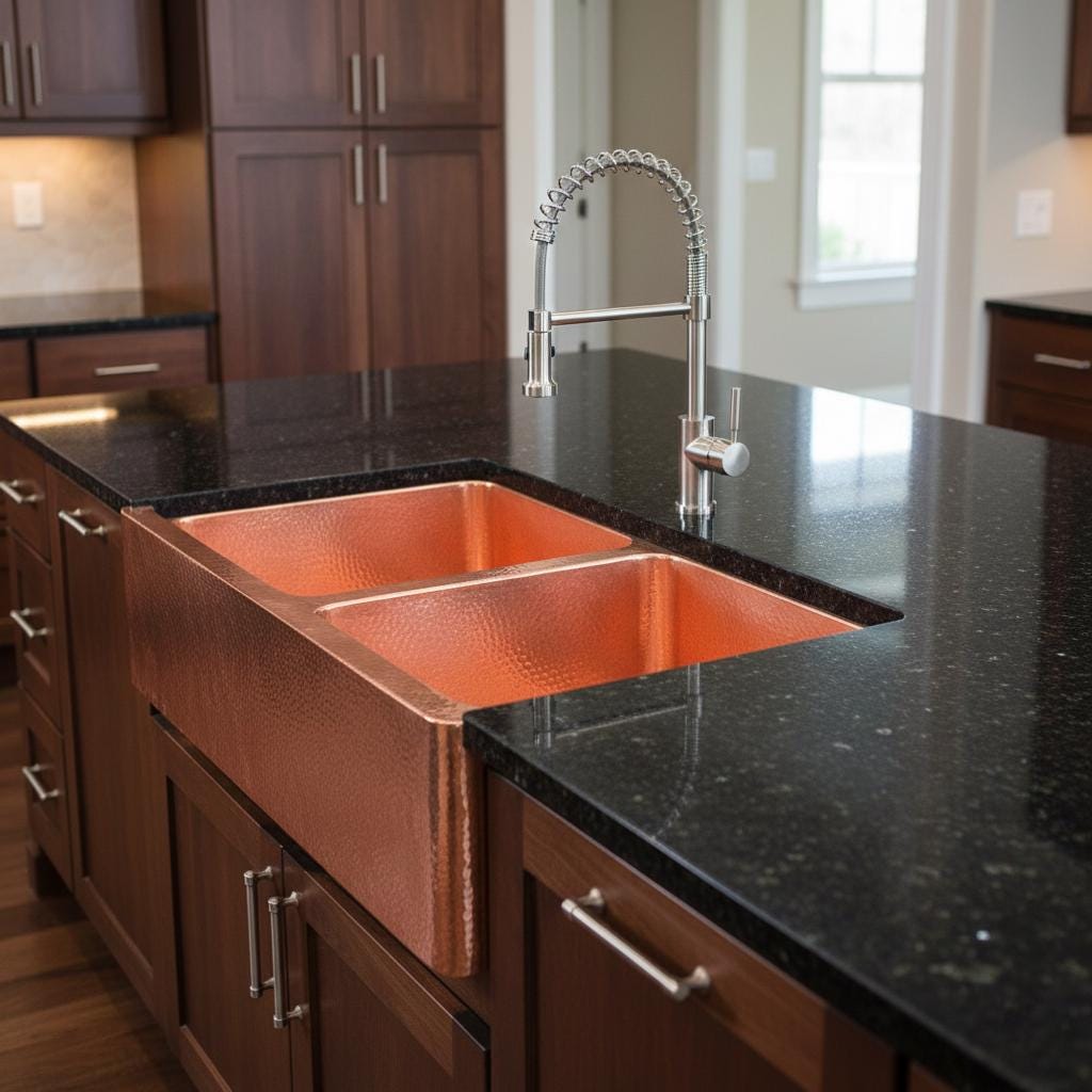 Handmade Hammered Double Bowl Farmhouse Sink Solid Copper Apron Front Kitchen Basin Design