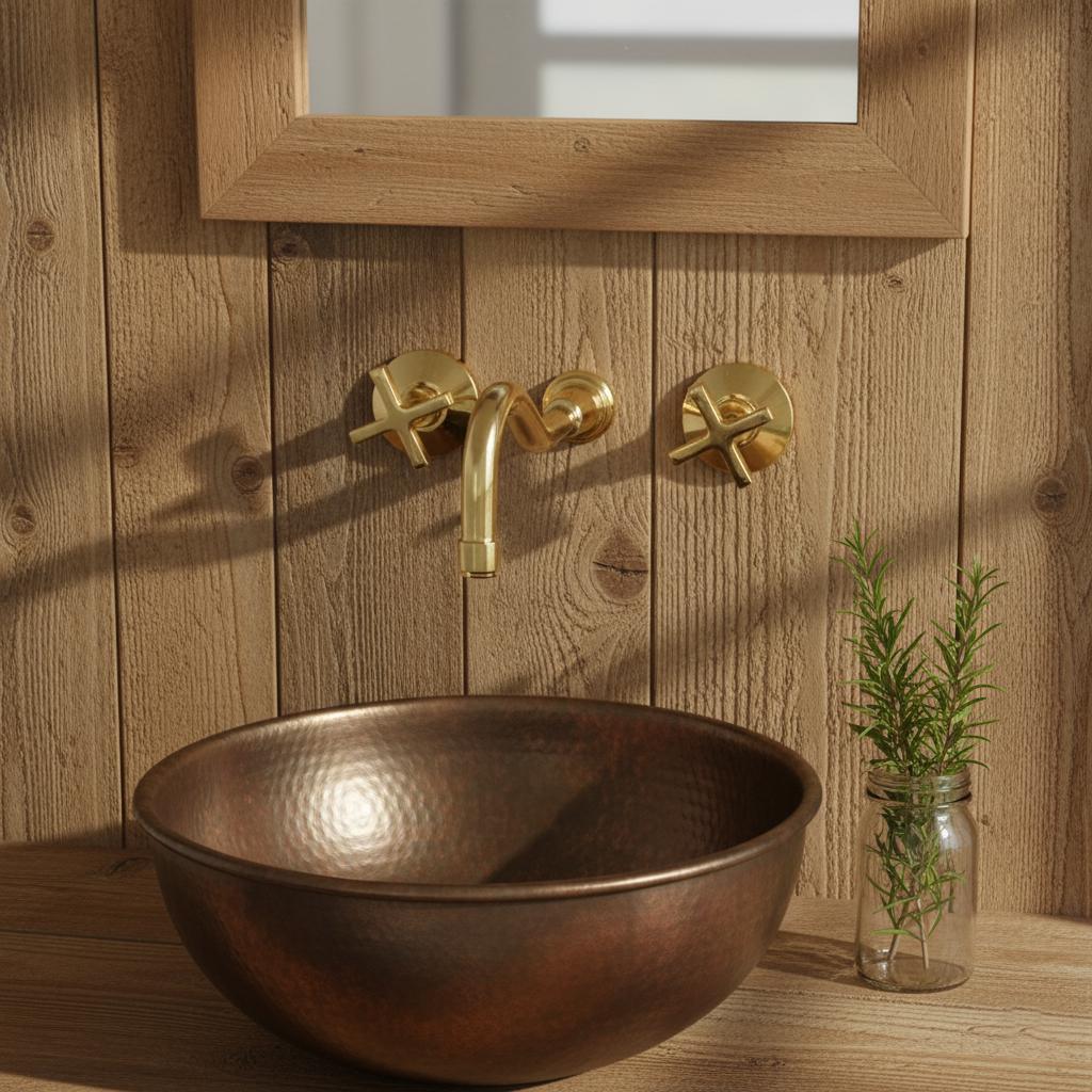 Unlacquered Solid Brass Wall Mount Faucet – Handmade Cross Handle Bathroom Mixer Or Bar Sink