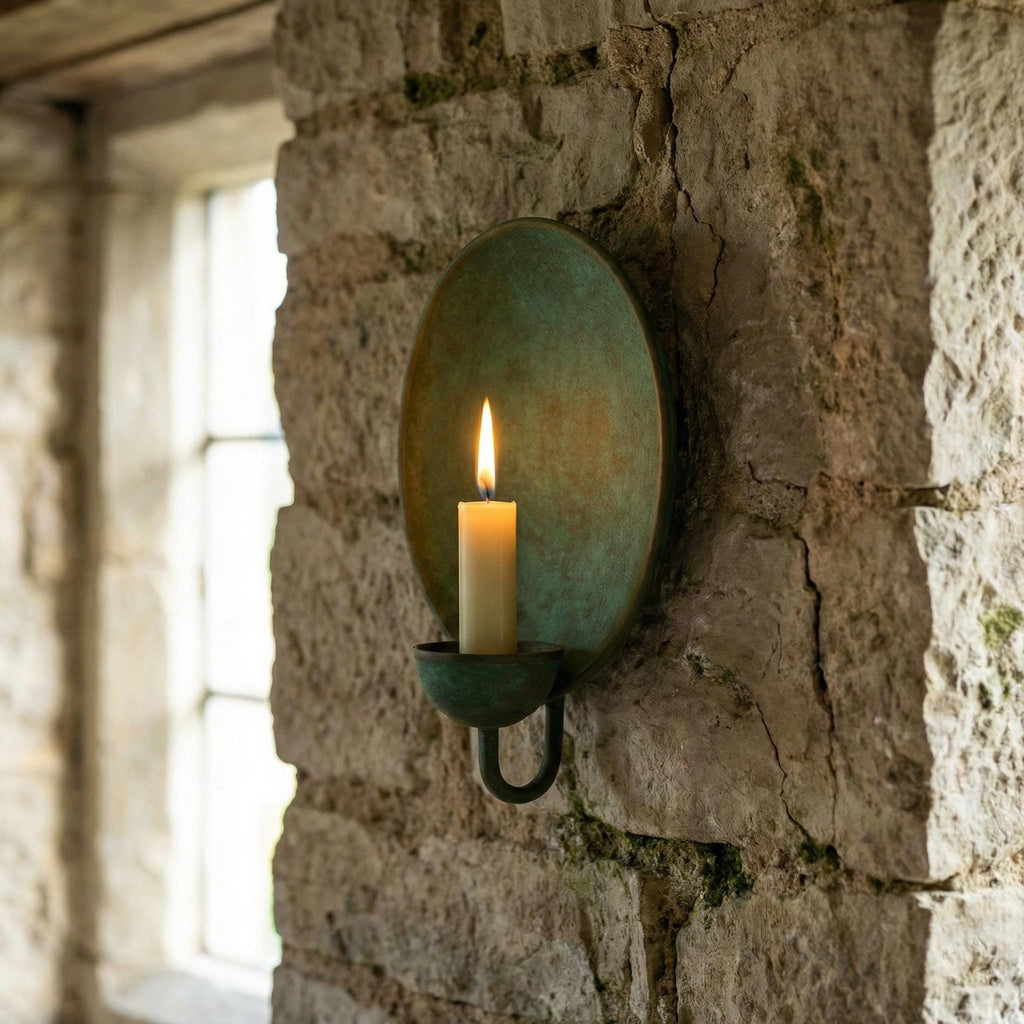 Handcrafted Copper Oxidated Wall-Mount Round Candle Holder, Brass Vintage Patina Sconce