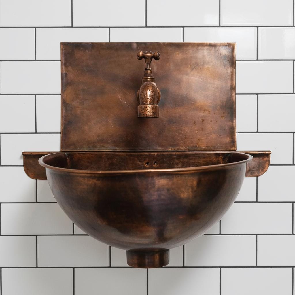 Handmade Solid Copper Wall Mount Bathroom Sink with Faucet and Backplate Vanity Basin