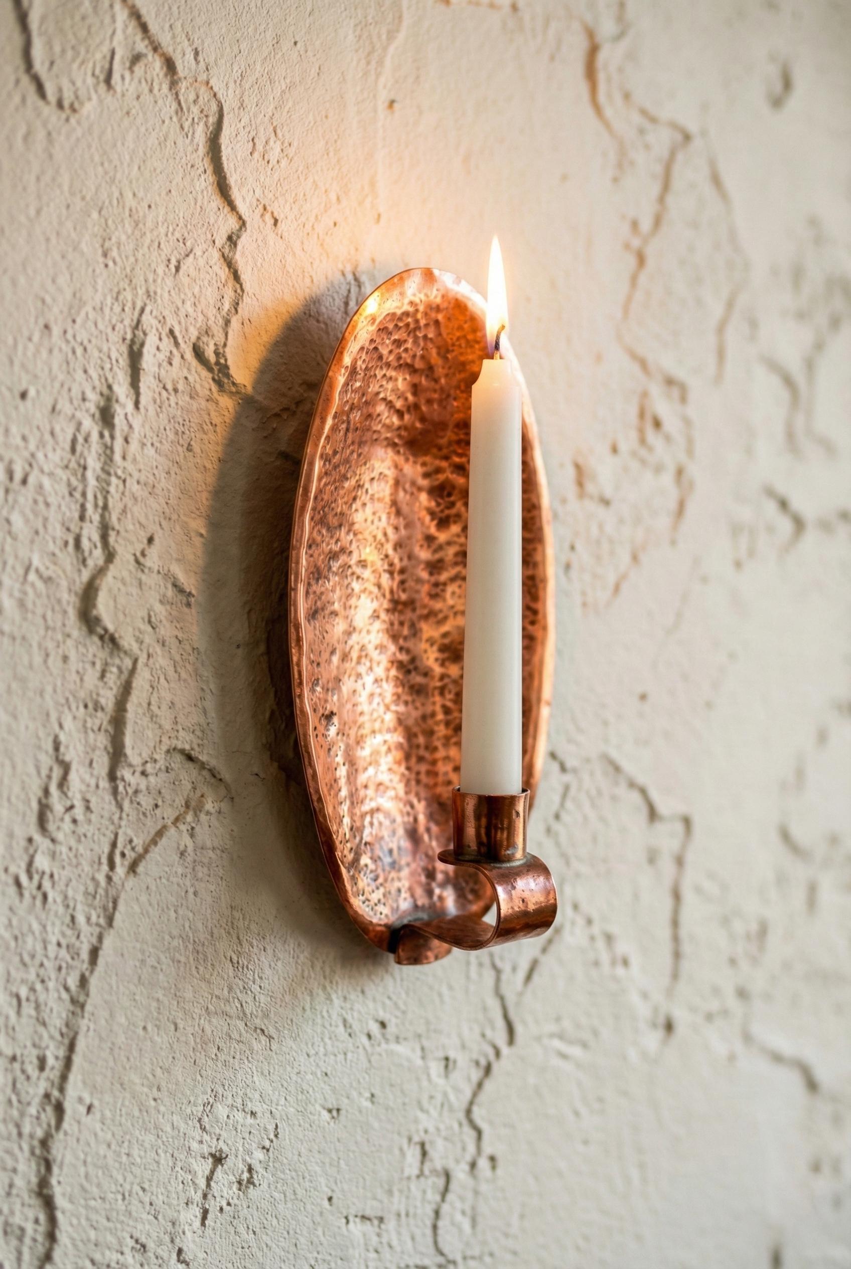 Pair of Unlacquered Copper Wall Candle Holder Hammered Oval Brass Style Sconce