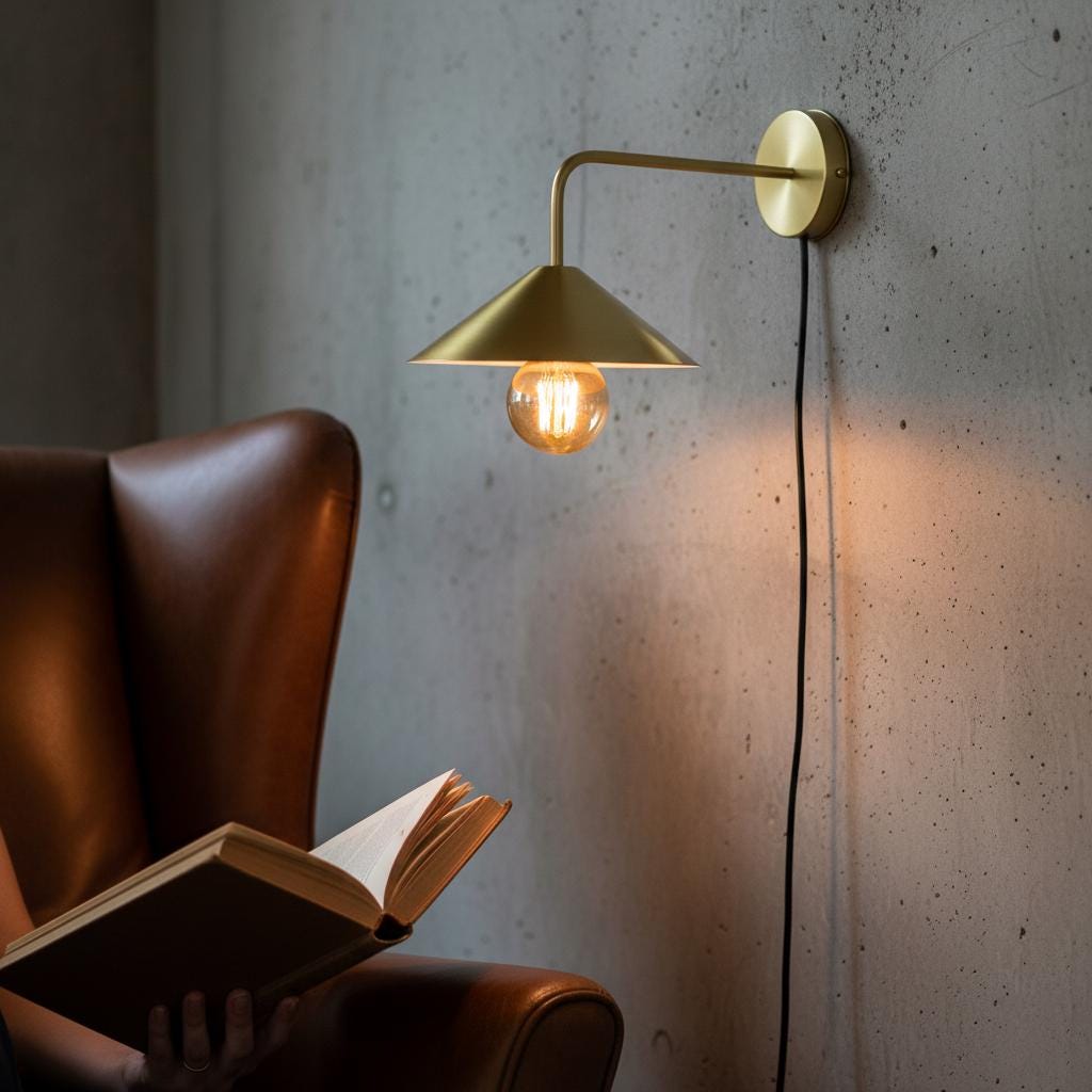 Unlacquered Brass Wall Light – Handmade Straight Arm Cone Shade Sconce for Bathroom or hallways