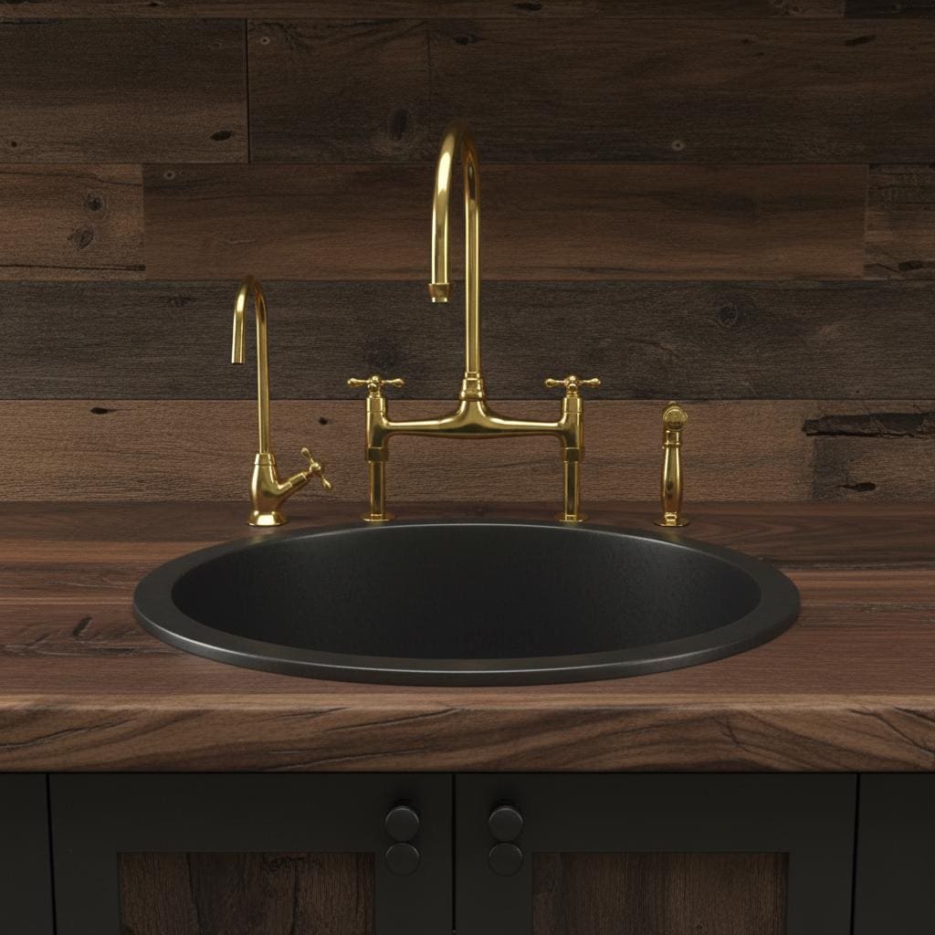 Unlacquered Brass Bridge Faucet Set – Handmade Solid Brass Kitchen Mixer with Filter Tap and Sprayer for Farmhouse Sinks