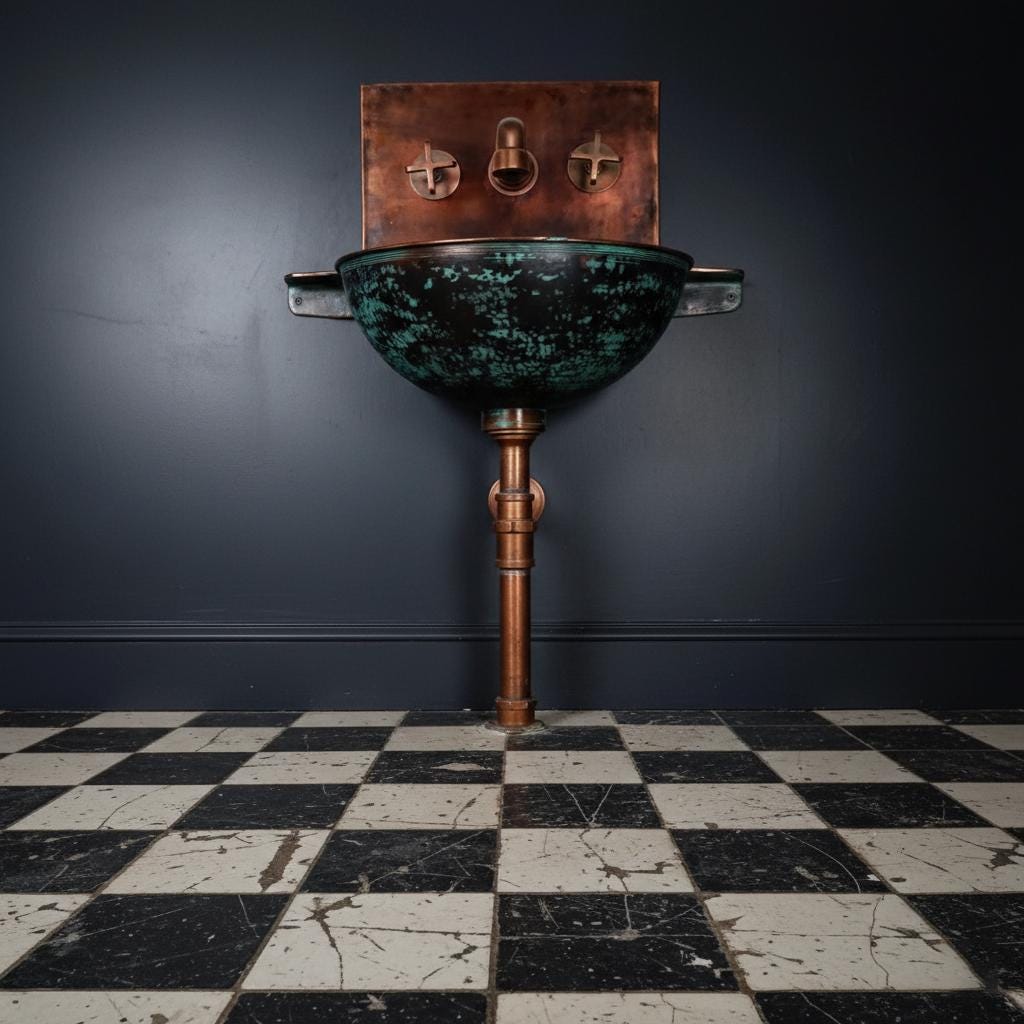 Handmade Turquoise Patina Copper Wall Mount Sink with Hammered Interior for Rustic Luxury Bathrooms