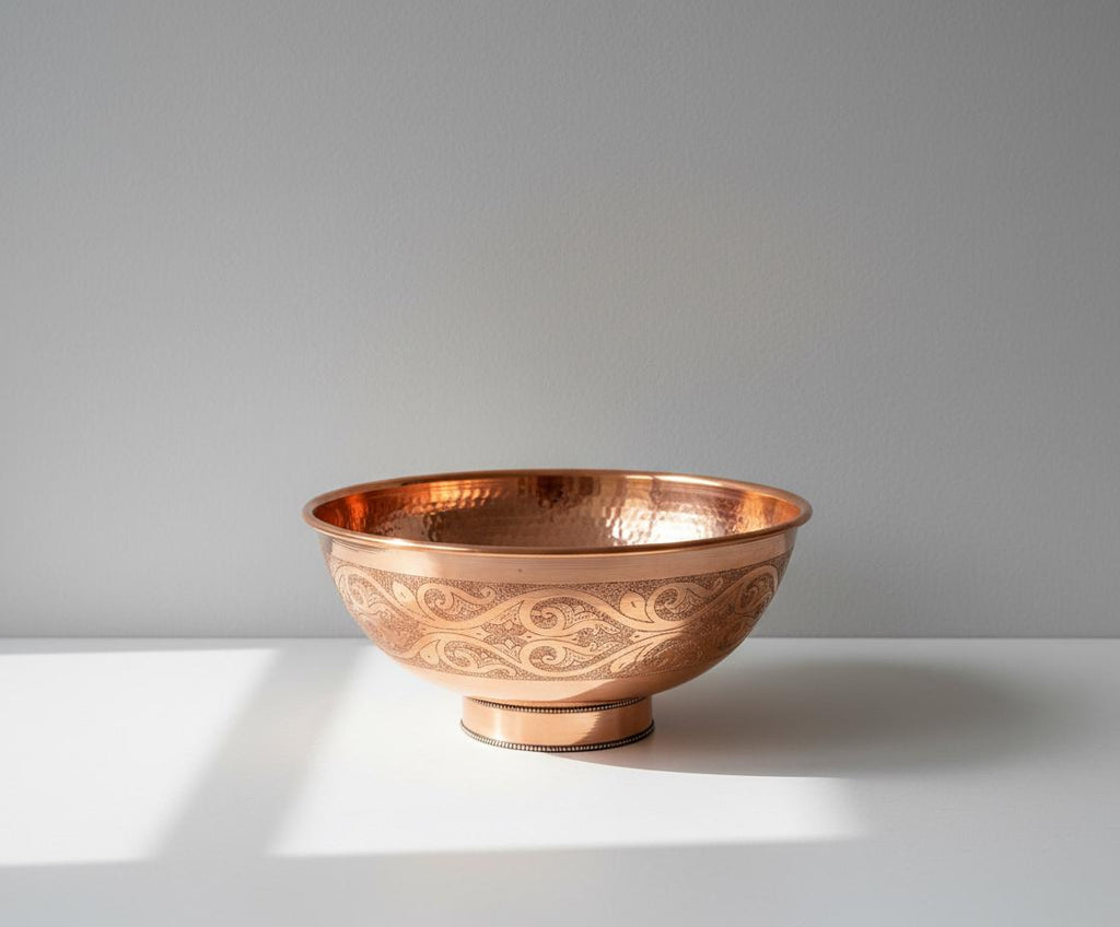 Handmade Solid Copper Vessel Sink with Engraved Bowl Design, Bathroom Vanity Countertop Basin