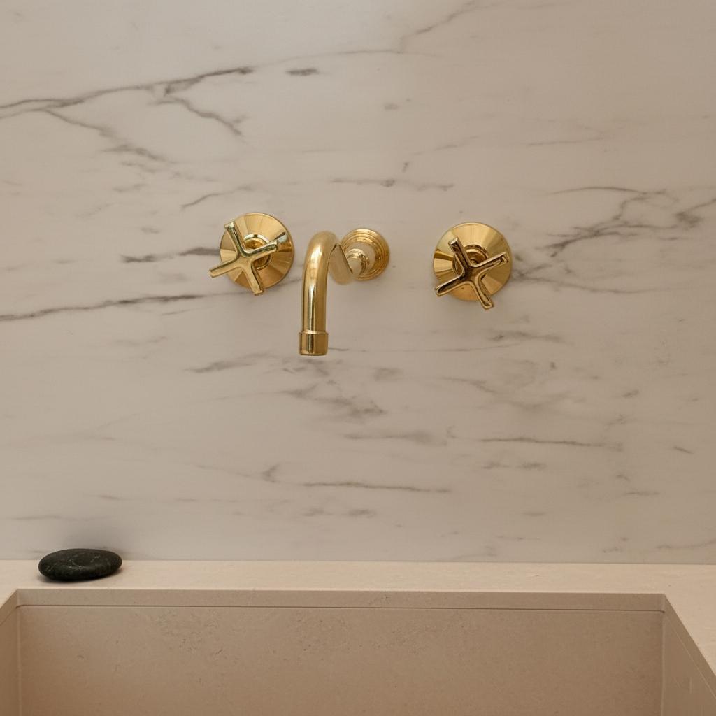 Unlacquered Solid Brass Wall Mount Faucet – Handmade Cross Handle Bathroom Mixer Or Bar Sink