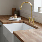 Polished Solid Brass Bridge Faucet, Handmade Kitchen Mixer Tap with Gooseneck Spout for Farmhouse Sinks