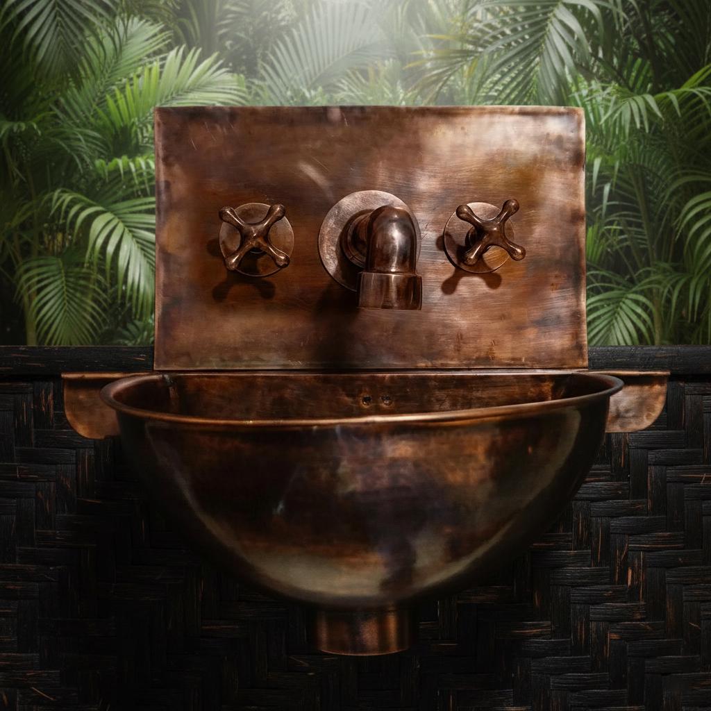 Handmade Aged Patina Copper Wall Mounted Bathroom Sink with Integrated Backsplash and Matching Mixer Faucet