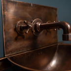 Handmade Aged Patina Copper Wall Mounted Bathroom Sink with Integrated Backsplash and Matching Mixer Faucet