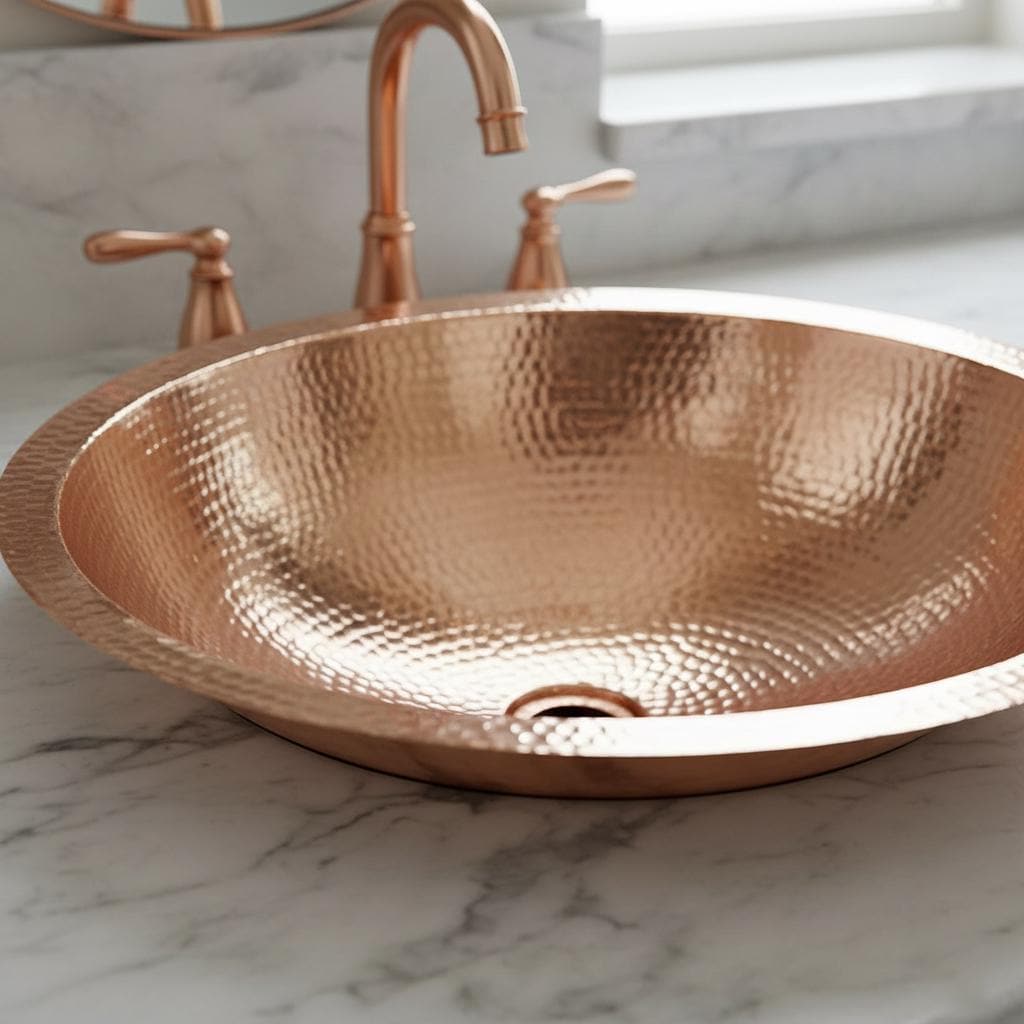 Handmade Oval Undermount Copper Bathroom Sink with Hammered Texture and Free Pop Up Drain