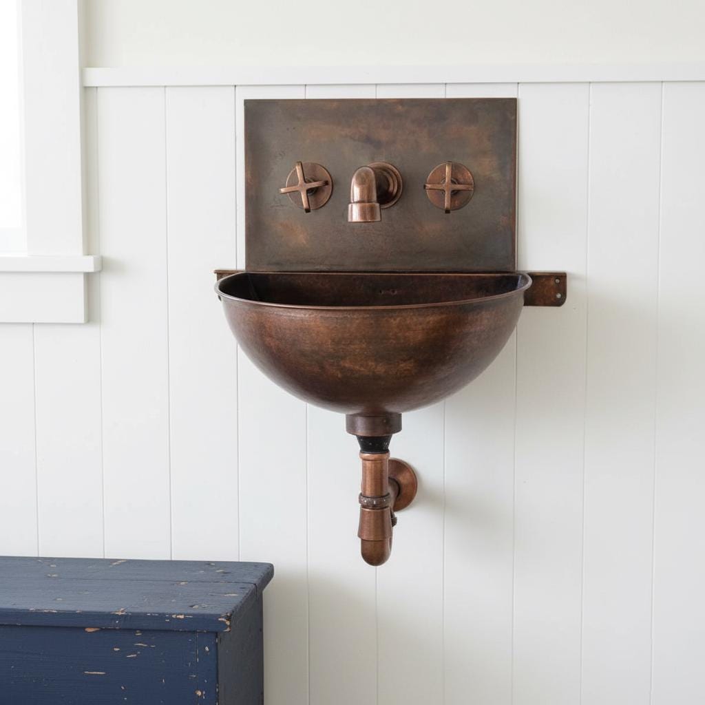 Handmade Aged Copper Wall Mount Sink with Matching Faucet for Rustic Vintage Bathroom Designs
