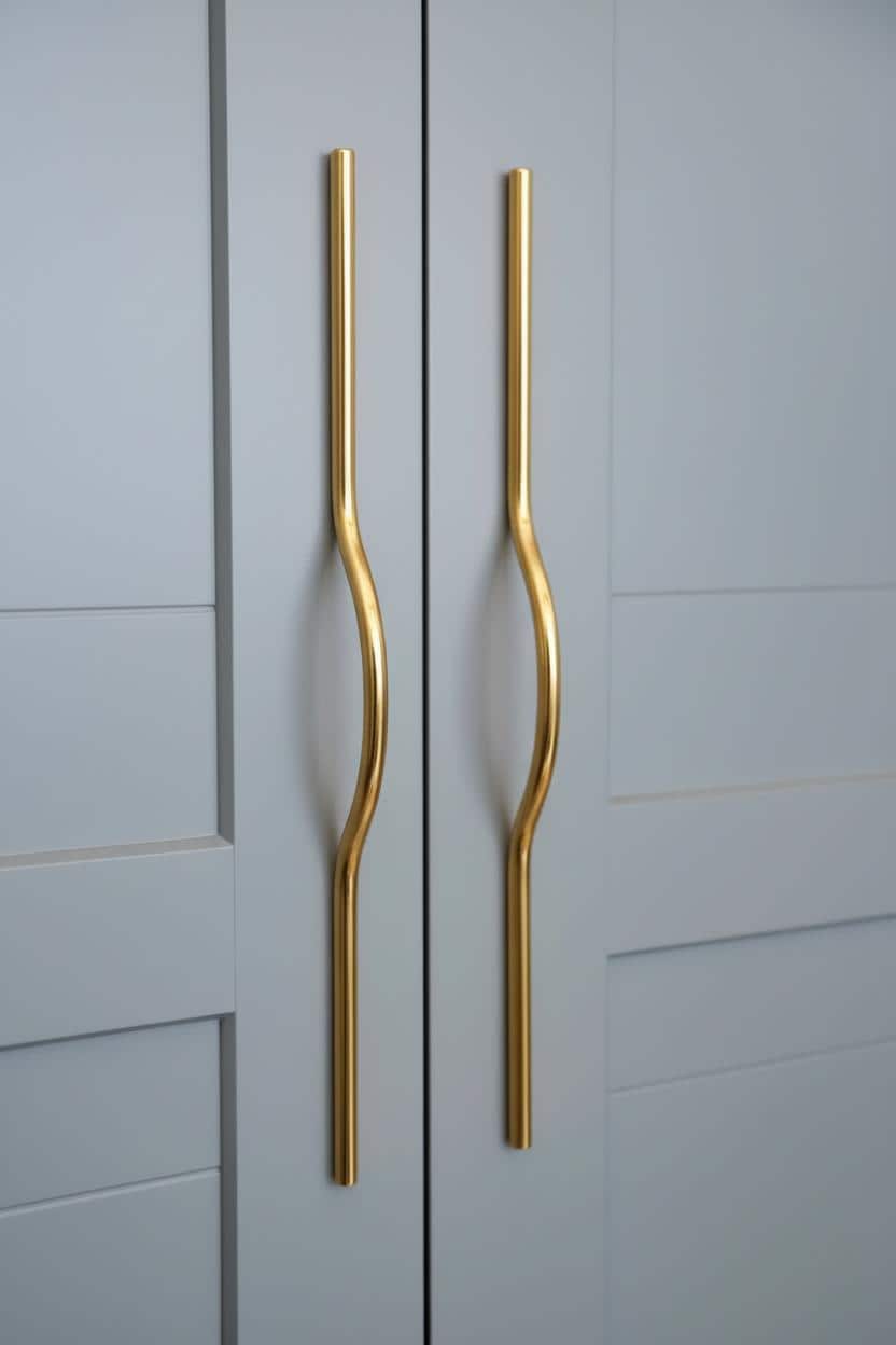 Gold handles on a gray cabinet door
