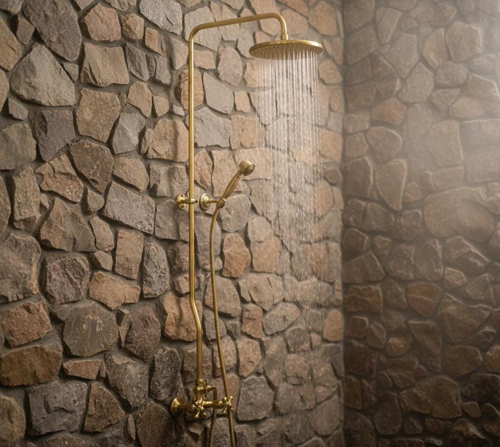 Unlacquered Brass Rainfall Shower with Handheld Sprayer & Cross Handles, Exposed Shower System