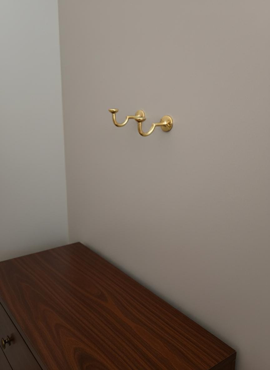 Set of Two Solid Brass Wall Hooks – Unlacquered Minimalist Coat & Towel Hangers Set