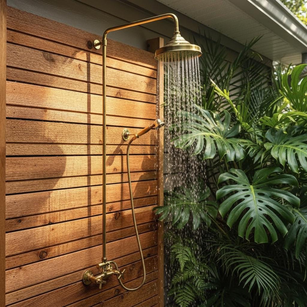 Handmade Unlacquered Brass Rainfall Shower with Handheld Sprayer - Exposed Shower System