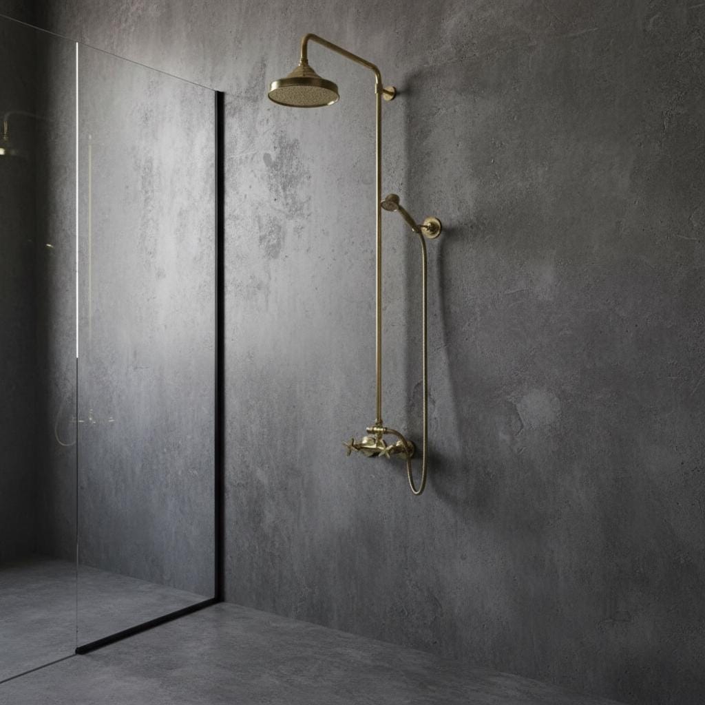 Handmade Unlacquered Brass Rainfall Shower with Handheld Sprayer - Exposed Shower System