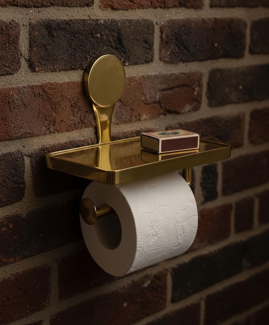 Gold toilet paper holder with a roll of toilet paper against a brick wall.