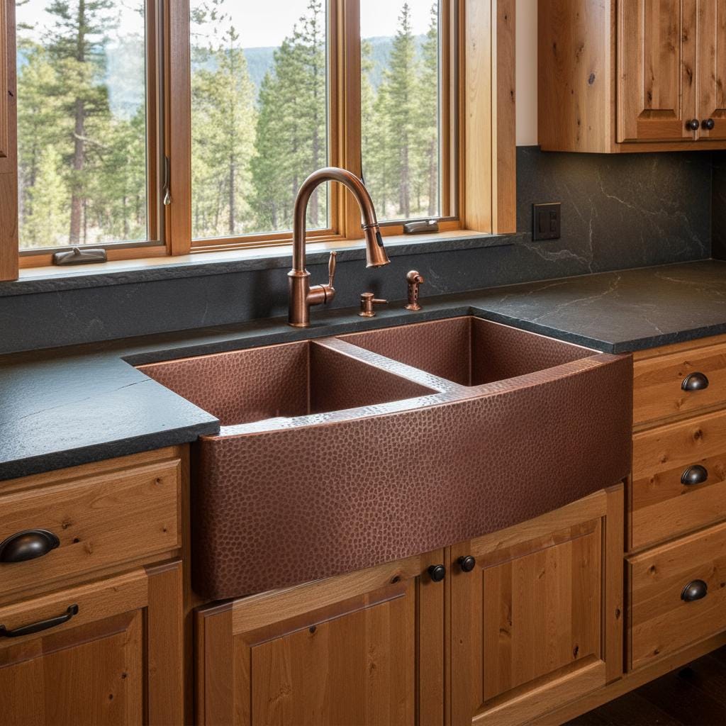 Handmade Solid Copper Double Bowl Farmhouse Sink with Hammered Apron Front for Modern Kitchens