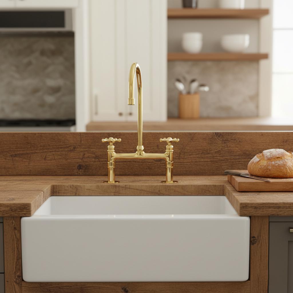 Unlacquered Brass Bridge Kitchen Faucet, Farmhouse Sink Mixer Tap, Vintage Gooseneck Faucet Fixture