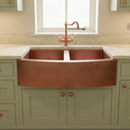 Handmade Solid Copper Double Bowl Farmhouse Sink with Hammered Apron Front for Modern Kitchens