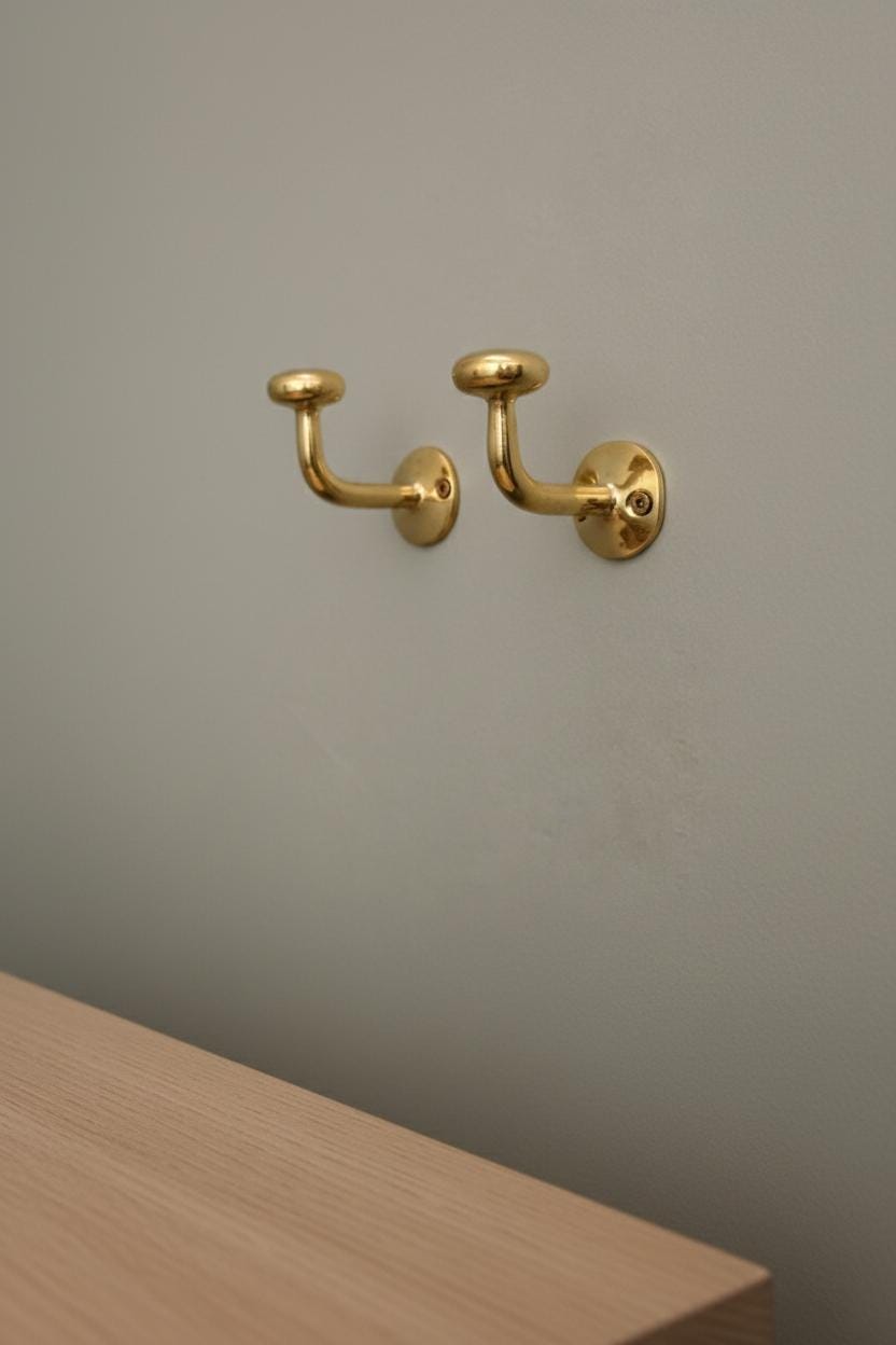 Two Solid Unlacquered Brass Wall Hook – Minimalist Handmade Coat & Towel Hanger
