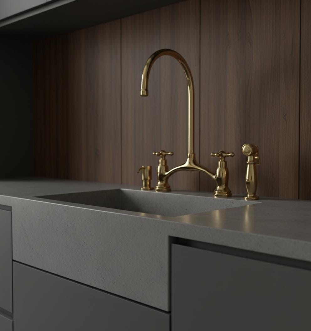 Unlacquered Brass Bridge Kitchen Faucet with Sprayer and Soap dispenser, Handmade Solid Brass Farmhouse Sink Mixer