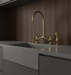 Unlacquered Brass Bridge Kitchen Faucet with Sprayer and Soap dispenser, Handmade Solid Brass Farmhouse Sink Mixer