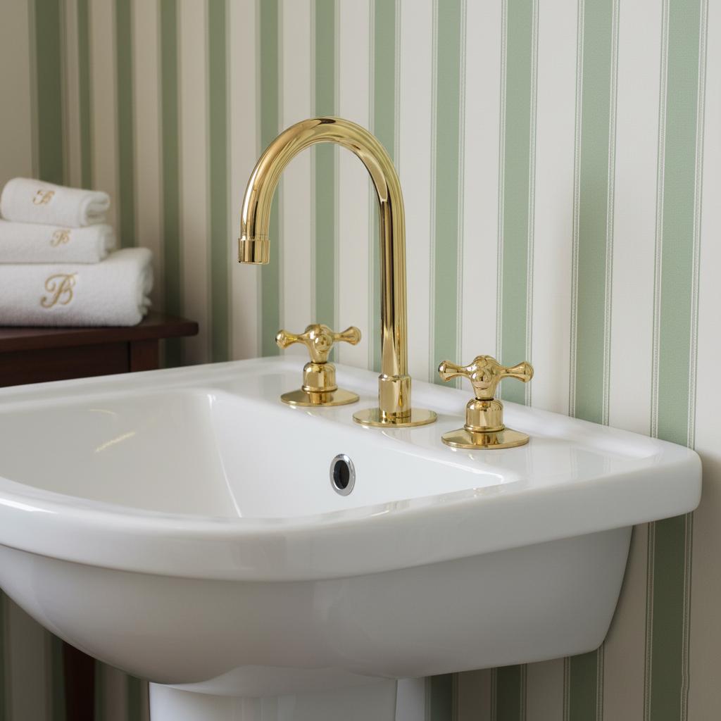 Unlacquered Brass 3-Hole Bathroom Faucet – Handmade Solid Brass Basin Mixer Tap with Cross Handles