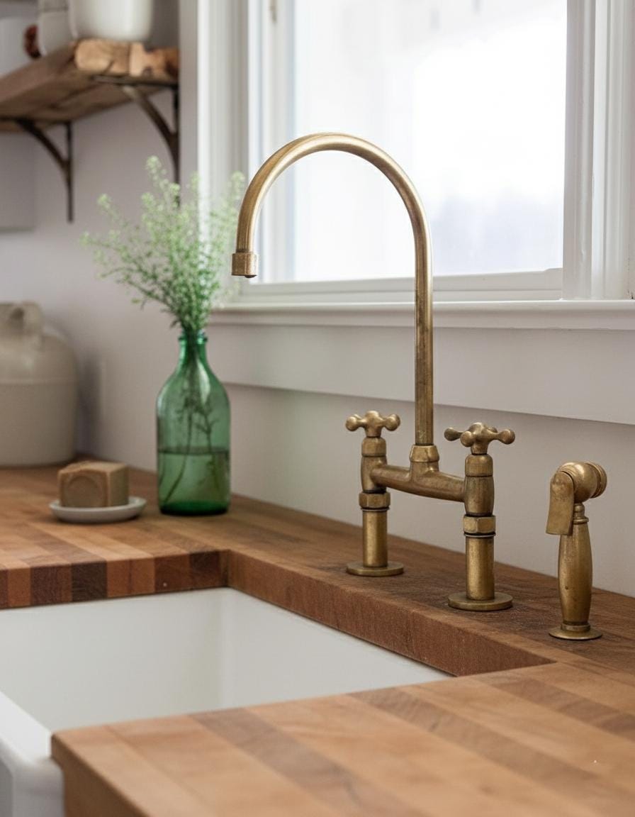 Unlacquered Brass Bridge Faucet with Side Sprayer – Farmhouse Kitchen Sink Mixer, Solid Brass Tap Fixture