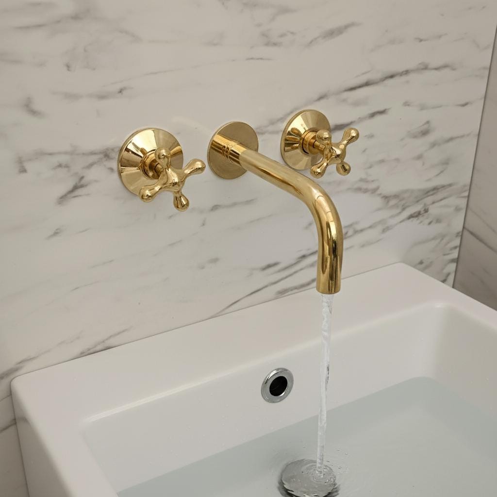 Unlacquered Brass Wall-Mount Faucet – Handmade Solid Brass Bathroom Sink Mixer with Cross Handles