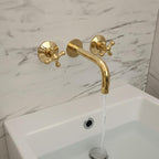 Unlacquered Brass Wall-Mount Faucet – Handmade Solid Brass Bathroom Sink Mixer with Cross Handles
